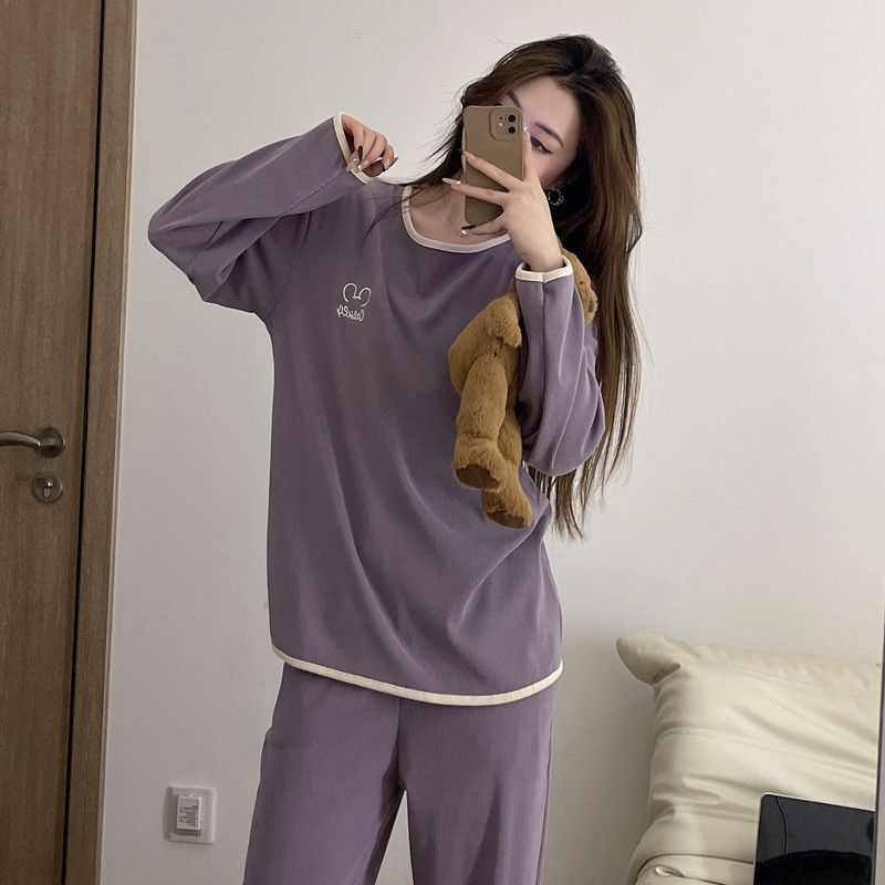 Spring and Autumn New Women's Thermal Pajamas, Round Neck, Long Sleeve, Long Pants, Simple Casual Loose Homewear Set for Girls