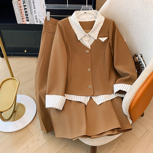 300kg extra-large size women's chubby girl fake two-piece top retro skirt academic style two-piece late autumn new