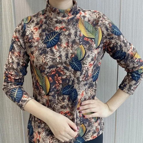Autumn and winter new fashionable warm semi-high-collar printed base shirt all-matching meat-covering long-sleeved mom's top