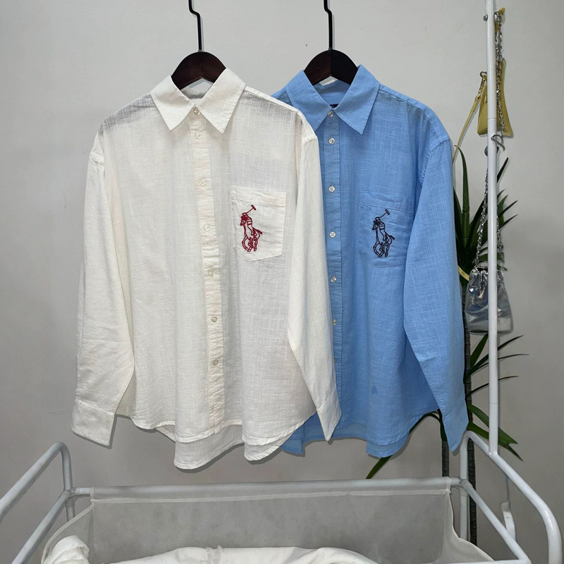 High-Quality R/L Linen Shirt with Pony Embroidery, Pocket Style, Long-Sleeve, Women's Loose Fit, Breathable Sun Protection Shirt