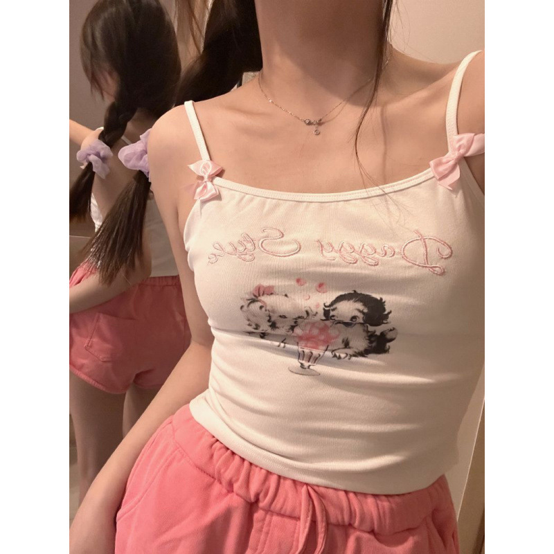 French Sweet Spice Girl Cute Small Camisole Vest Women's Summer Bow Short Design Sense Niche Outfit French Sweet Spice Girl Cute Small Camisole Vest Women's Summer Bow Short Design Sense Niche Outfit