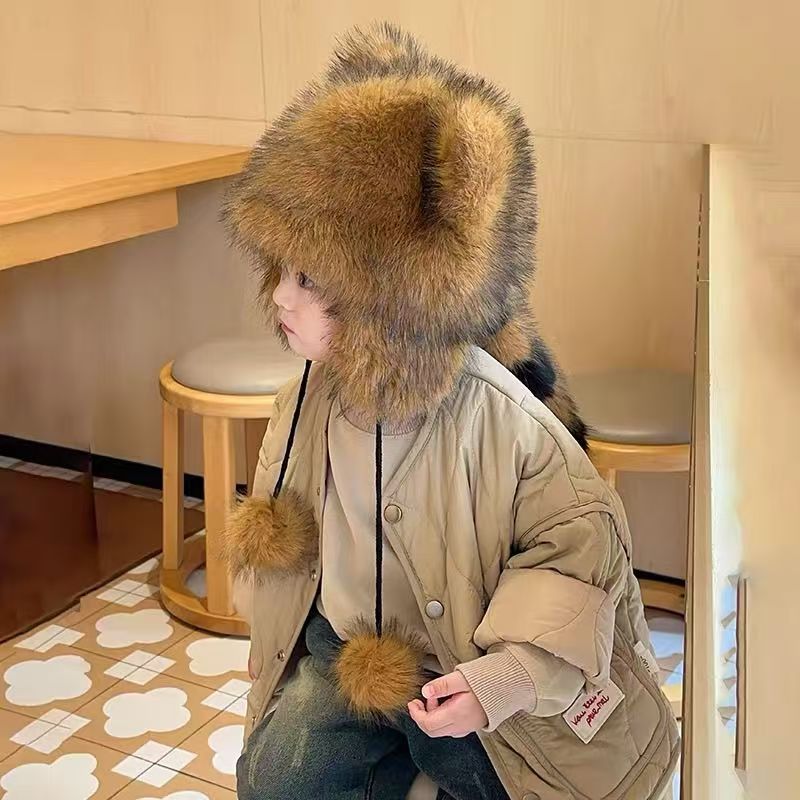 小浣熊毛绒护耳帽冬季保暖男女成人儿童款带尾巴可爱雷锋帽