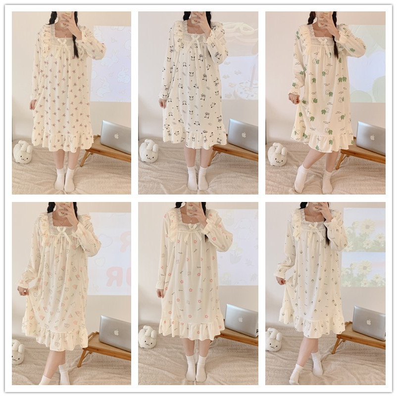 Pijamas de mujer de Primavera de algodón artificial crepé encaje camisón de manga larga ropa para el hogar de las mujeres vestido de una sola pieza de dibujos animados lindo Generación de cabello