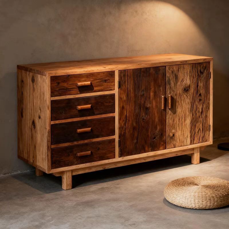 Wabi-Sabi Style Solid Wood Sideboard Old Elm Distressed Side Cabinet Dining Room Living Room Entrance Cabinet Retro Storage Cabinet