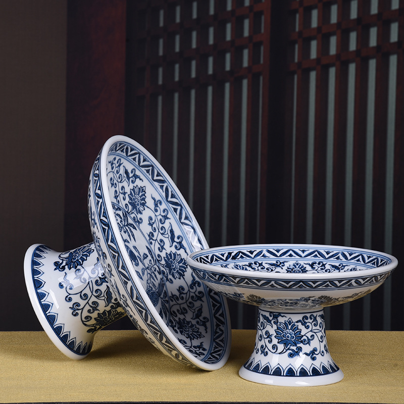 Piés altos para plato de cerámica china, plato de frutas de porcelana, nuevo plato de refresco retro, plato de té de dulces domésticos, porcelana