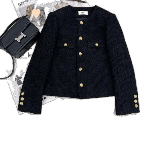 Spring Autumn New High-End Round Neck Little Black Dress Style Short Coat for Women Petite French Burlap Exquisite