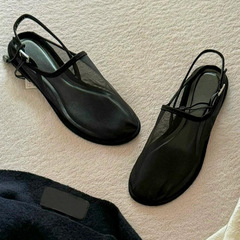 羊皮版~韓版小眾網紗透氣包頭半拖鞋女夏平底真皮勃肯涼拖鞋