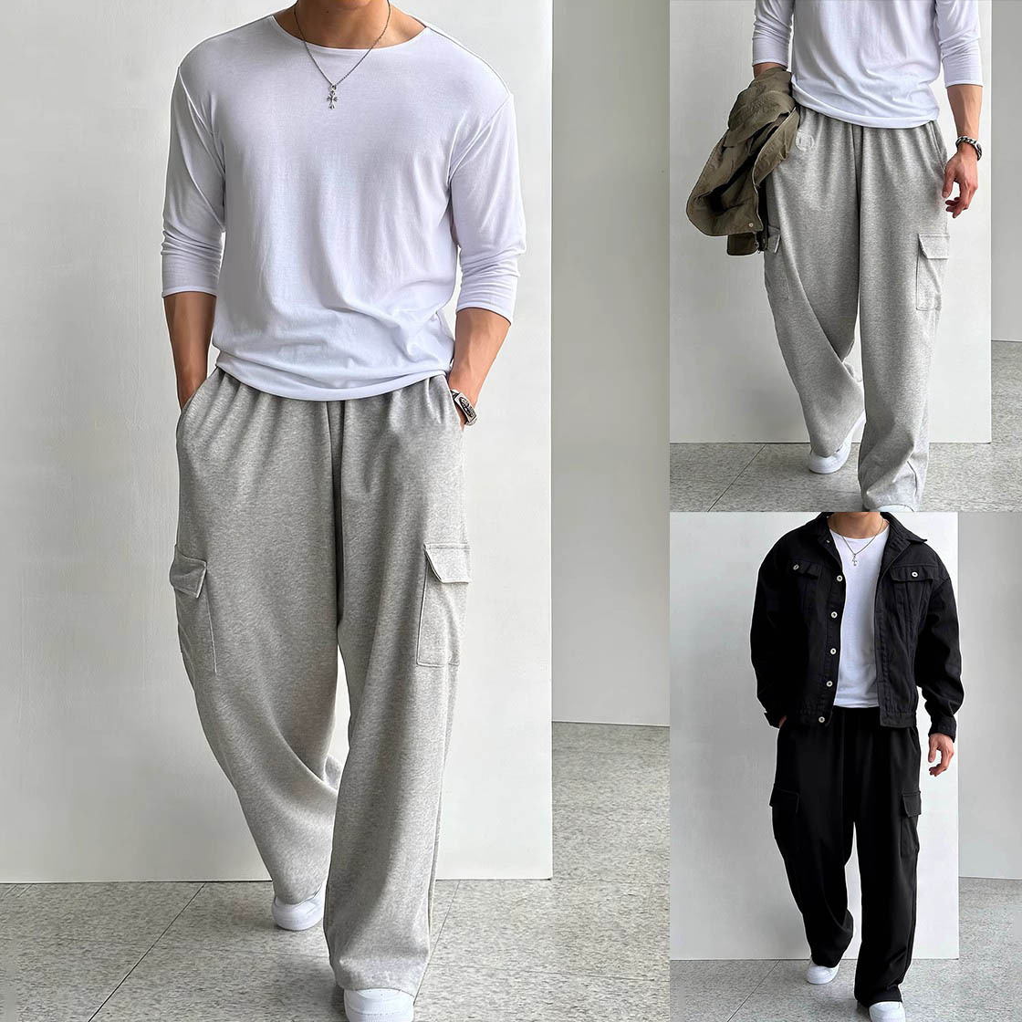 Pantalones de guardia de herramientas grises drapeados Pantalones largos de pierna ancha para hombres Pantalones casuales rectos Tendencia comercial británica Comercio exterior al por mayor transfronterizo