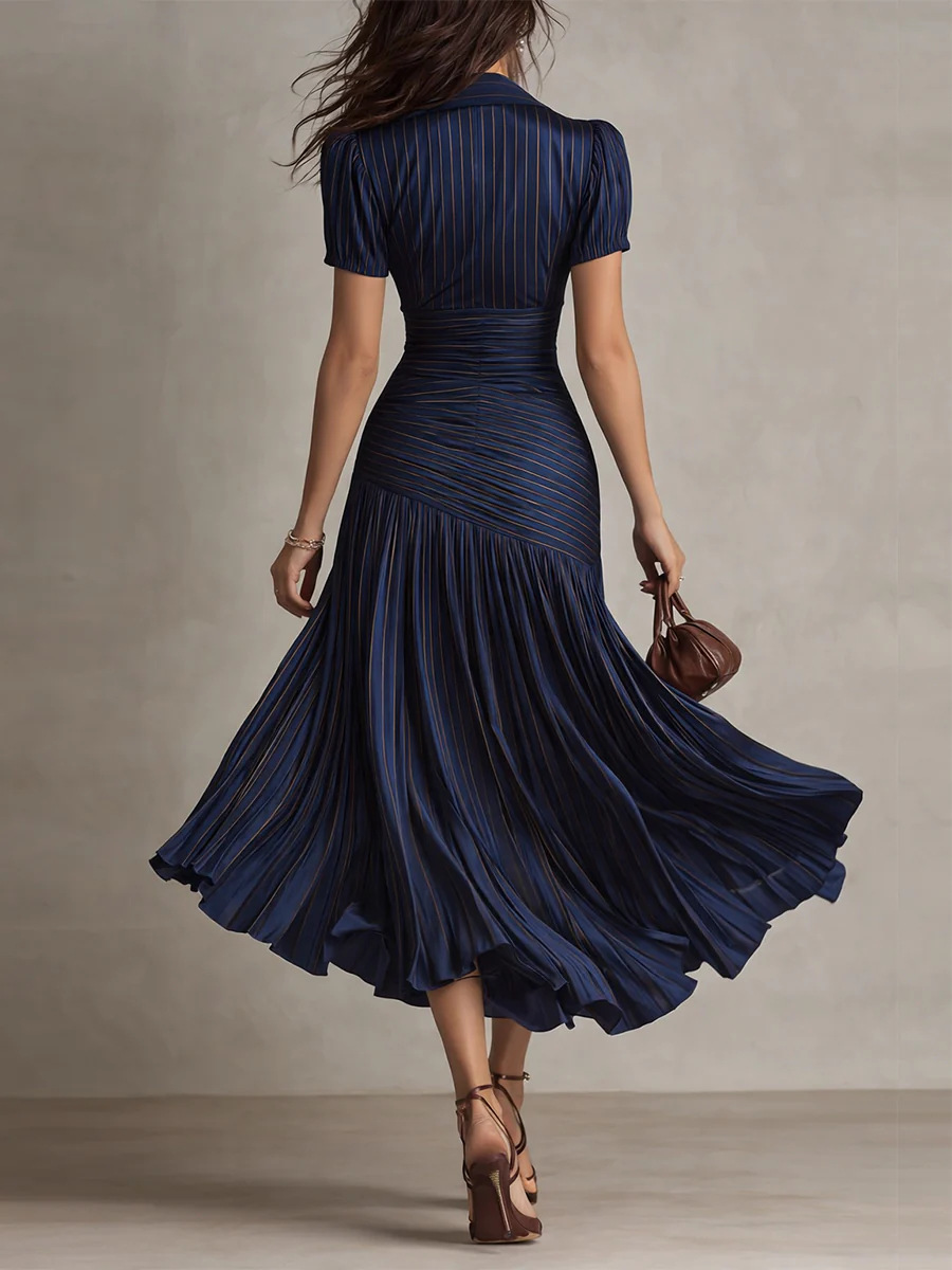 Elegantes Gestreiftes Satin Patchwork Kleid Für Den Urlaub_voghion.com