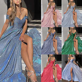 2025亚马逊欧美宴会礼服裙 ins亮片大裙摆抹胸性感时尚开叉连衣裙