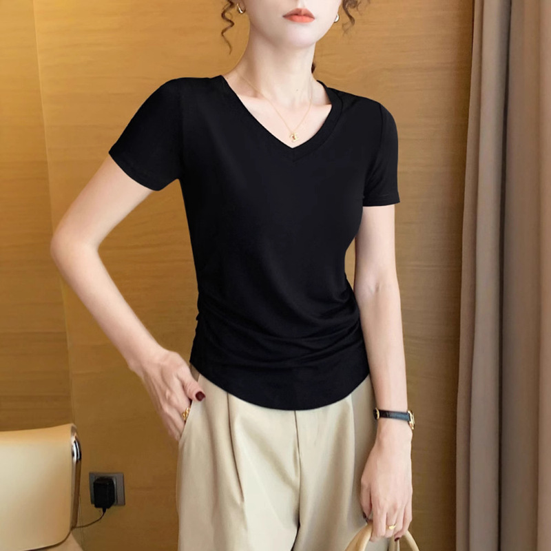 Modal Short-sleeved T-shirt Women's Summer Thin Ice Silk Round Neck Elastic Tight Solid Color Top Half-sleeved Mask T-shirt