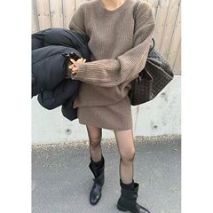 2025秋冬季韩系穿搭一整套宽松长袖针织上衣女高腰显瘦遮肚半身裙