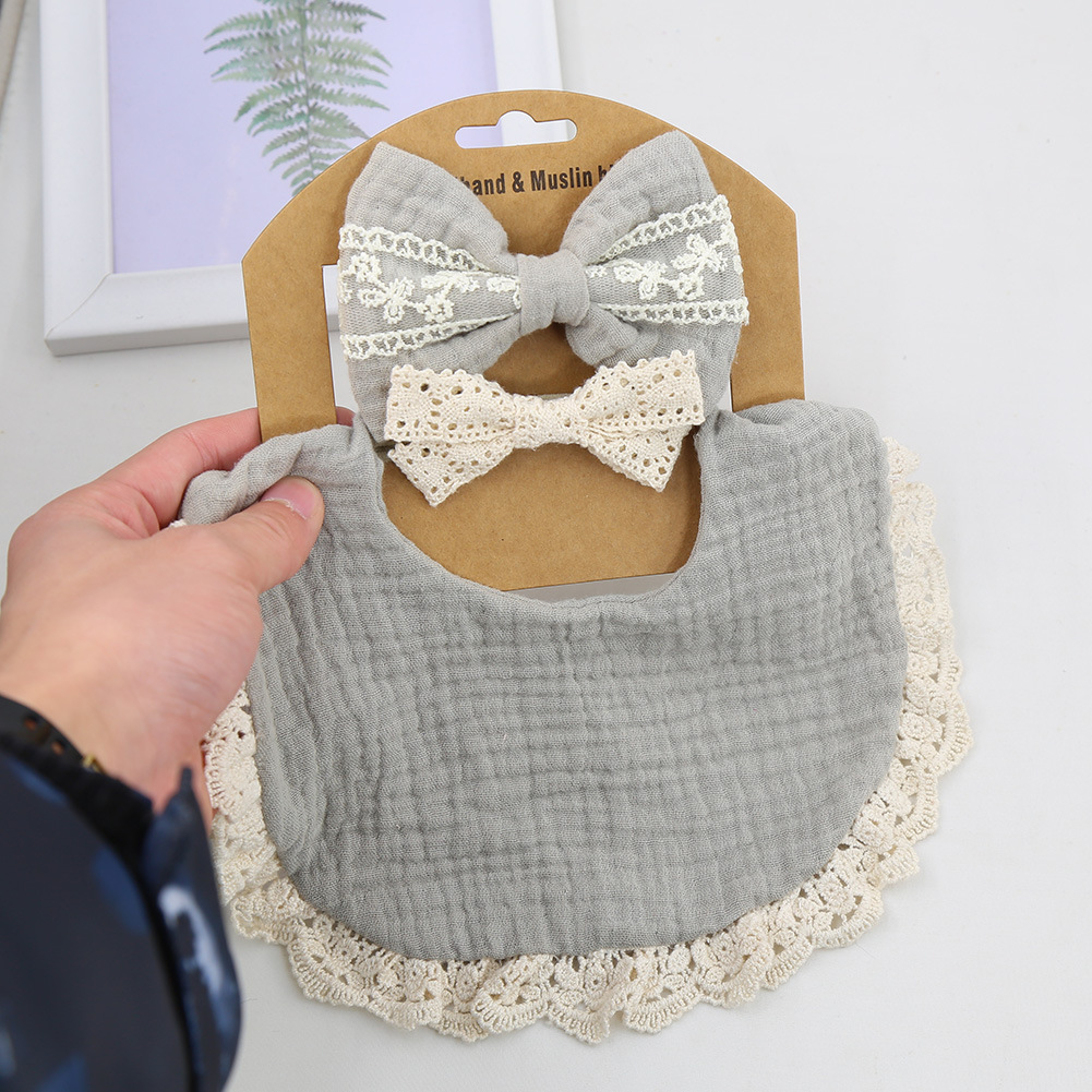 Baby Saliva Towel Lace Headband Set Cotton Solid Color Double-sided Waterproof Bib display picture 3