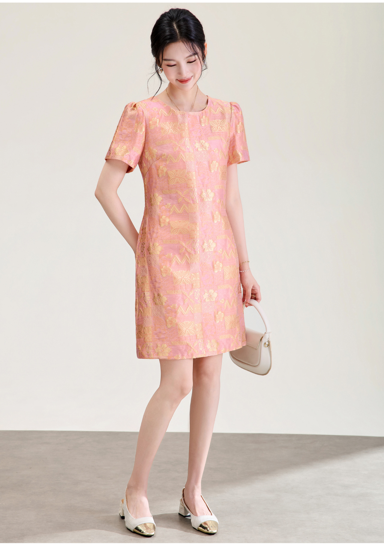Đầm chữ A nữ jacquard họa tiết hoa nhí phong cách tiểu thư — màu hồng chi tiết 4