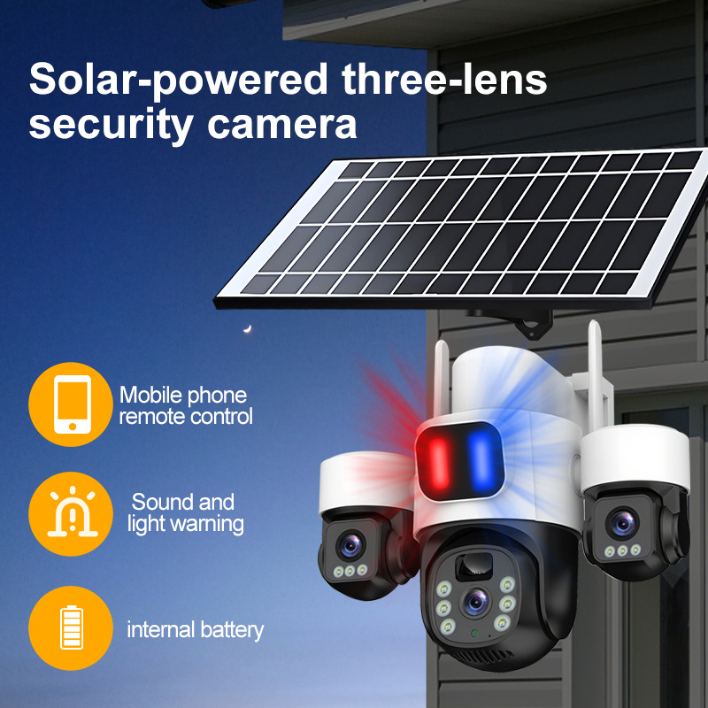 Transfronterizos dedicados a tres imágenes tres lentes alarma rotatoria sin ángulo muerto cámara de monitoreo solar impermeable al aire libre image 4