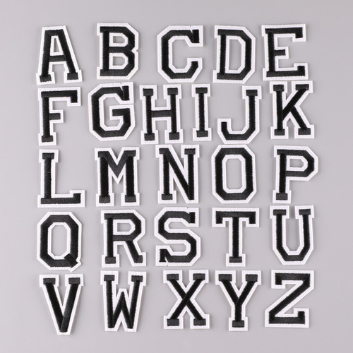 Computer embroidered label black and white color English letters adhesive patch school uniform number pinyin embroidered label embroidered cloth patch