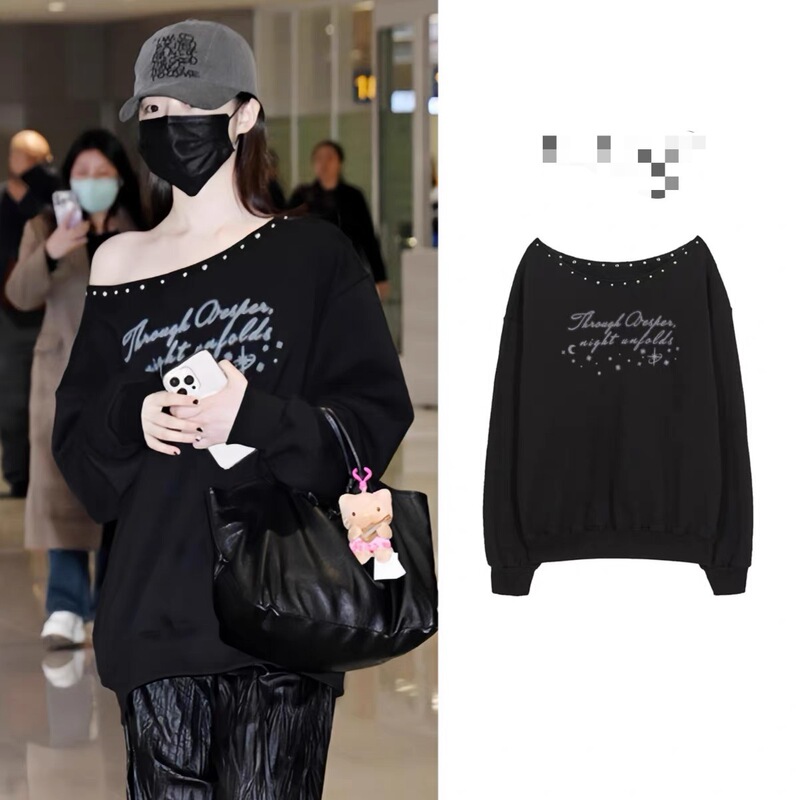 In-Stock Ye Shuhua Same Style Korean Designer Trendy Brand Printed Rivet Loose Off-Shoulder One-Shoulder Sweatshirt for Women In-Stock Ye Shuhua Same Style Korean Designer Trendy Brand Printed Rivet Loose Off-Shoulder One-Shoulder Sweatshirt for Women
