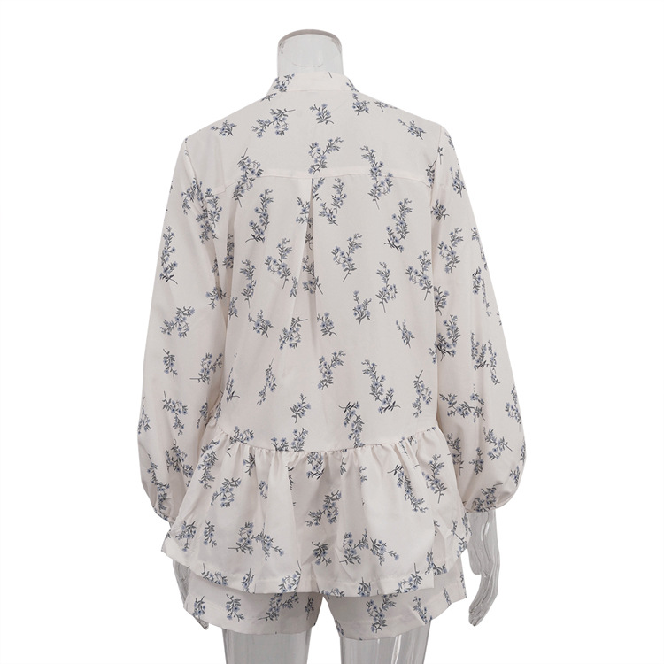French Classic Skirt Puff Sleeve Small Turtleneck Ruffled Puffy Shirt Printed Shorts Suit