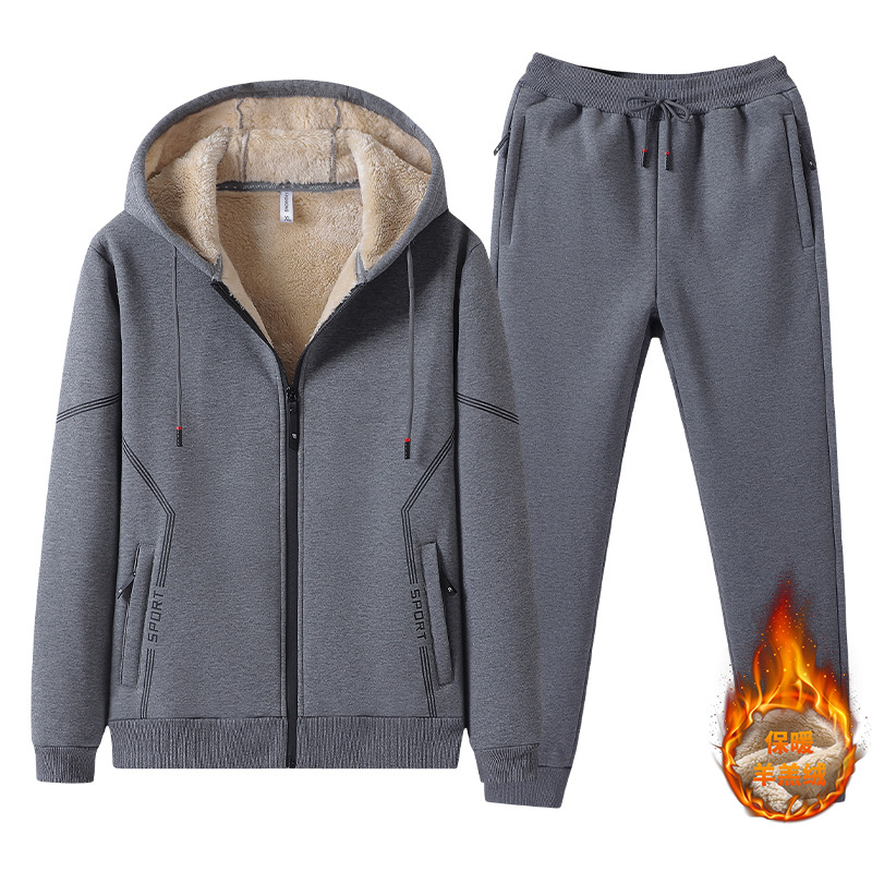 Trajes deportivos de invierno para hombres, algodón grueso, cordero de cachemira grueso, cardigan de tamaño grande, ocio grueso, dos piezas, moda
