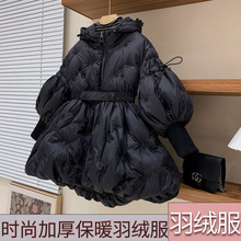 2025新款童装冬季女童法式灯笼袖立体刺绣盘花收腰保暖羽绒服外套