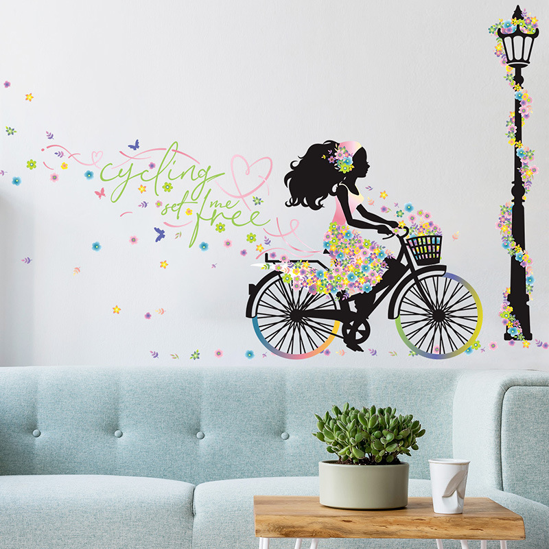 New Cyclist Girl Street Light Flower Bedroom Entrance Decoration Wall Sticker Wholesale Nihaojewelry display picture 7