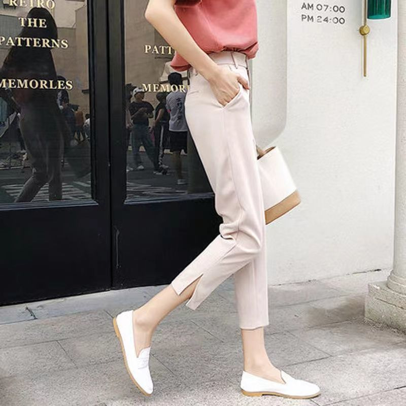 Spring and Autumn Slit Suit Pants for Women, Nine-Point Straight-Leg Drape Slimming Cigarette Pipe Cargo Pants, Loose Professional Work Pants
