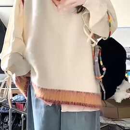 5741#针织毛衣女甜美软糯拼色毛茸茸针织衫马甲背心毛衣女学生