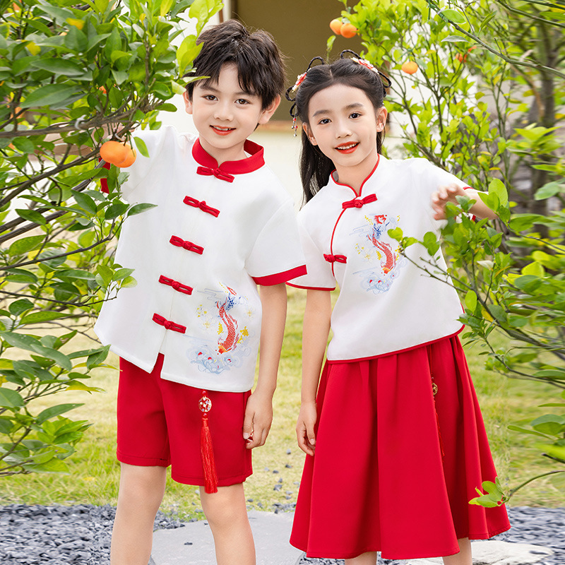 National Trend Short Sleeve Set, High-Quality Chinese Style Ancient Costume, Summer New Arrival Kindergarten Class Uniform, Primary School Student Red Performance Costume