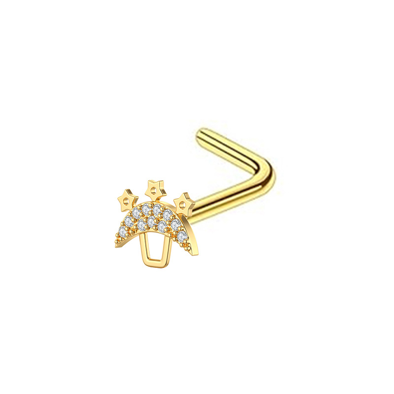 Stainless Steel Nose Stud With Zircon Stone L-shaped Piercing_voghion.com