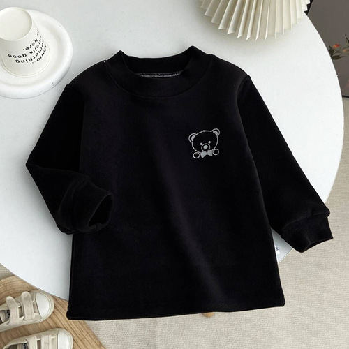 Children's semi-high-neck bottomed shirt for boys and girls, autumn and winter, velvet, sanding, warm long-sleeved Korean T-shirt, sweater, velvet