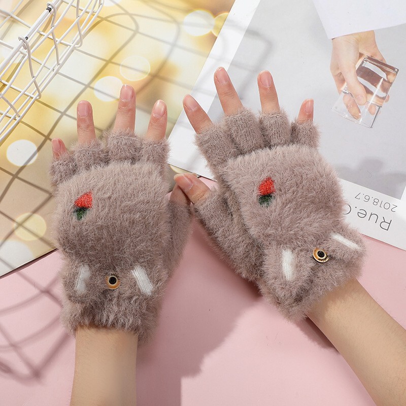 熊の手型のフェイクミンク猫爪ハーフフィンガーフリップアップグローブ、学生用アニマルファーウィンターグローブ、手書き用、保温、漫画風、大人用|undefined
