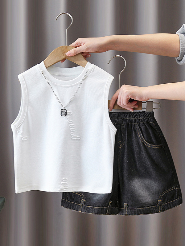 7323 traje de verano para niños 2025 nuevo chaleco negro para niños de dos piezas ropa sin mangas de verano fresco y guapo verano
