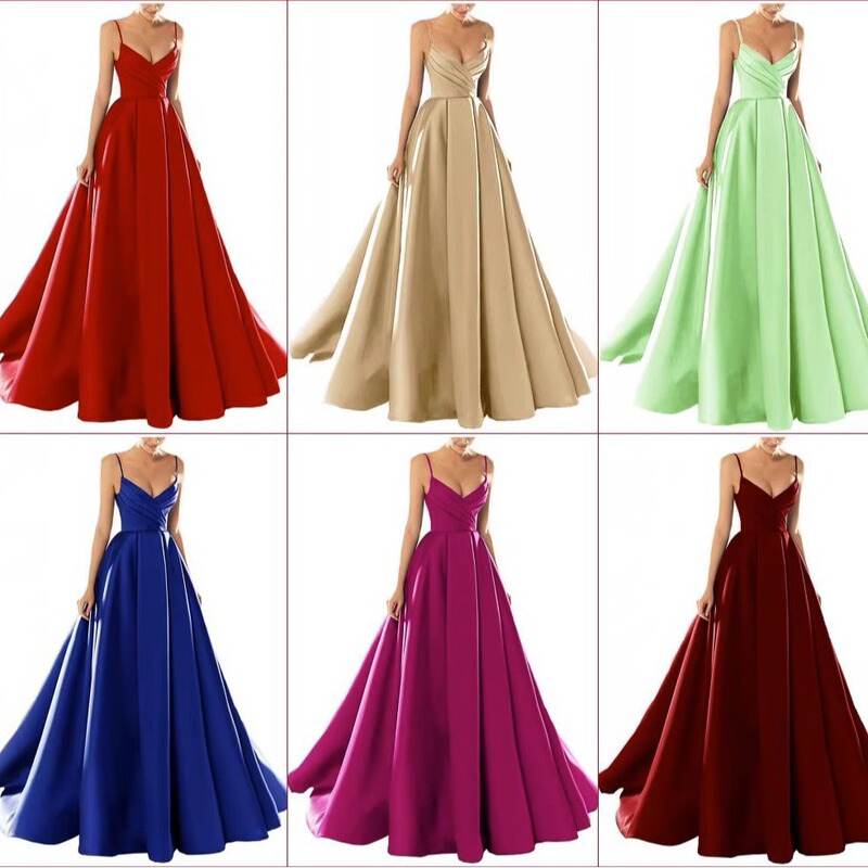 Evening Dress European and American Satin Temperament Suspender Dance Long Floor-Length Dress Host Catwalk Evening Dress