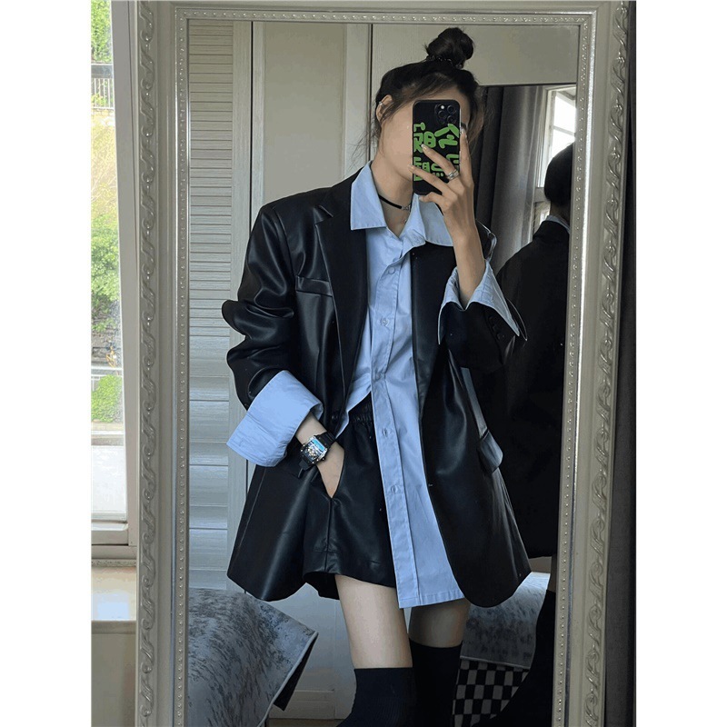 皮衣西装外套女2025早秋外套新款黑色复古宽松休闲气质高级感上衣|undefined