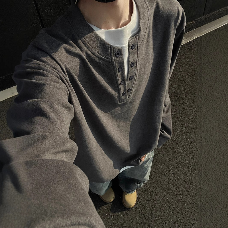 Double-Sided Velvet Henry Collar Long-Sleeved T-Shirt Men's Autumn and Winter American Fashion Brand Ins Fake Two-Piece Duplex Handsome Inner Base Shirt