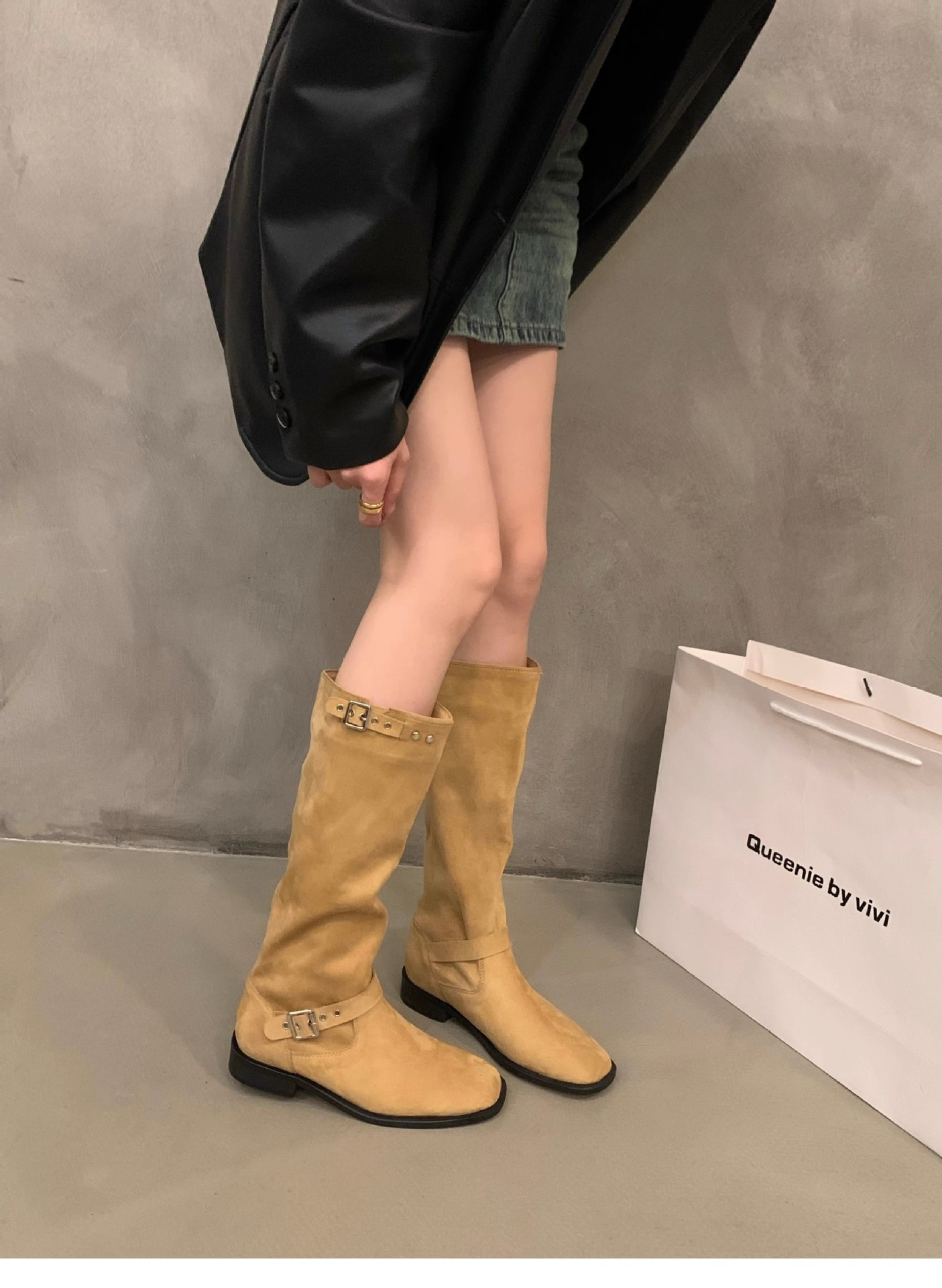 Dicker Absatz Khaki Mid Knight Damen Frühling und Herbst 2023 Neue Sommer-Wildleder-Langarmstiefel_voghion.com