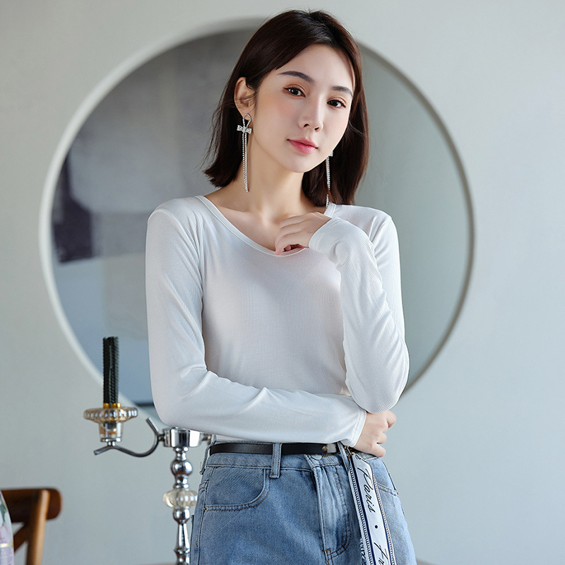 Camiseta de manga larga para mujer, cuello en V, acanalada, de color sólido, para otoño e invierno, modelo T2024