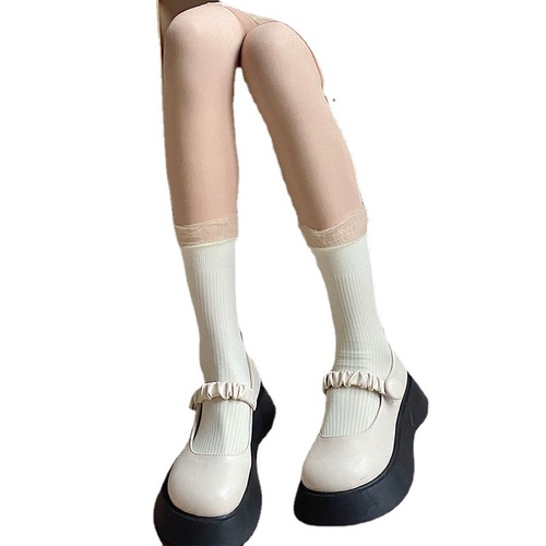 玻璃蕾丝花边纯色可爱袜lolita春秋黑色jk短筒小腿袜极简日系袜子