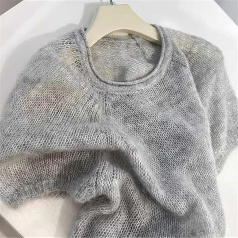 New Puff Sleeve Mohair Short-Sleeved Sweater for Women Autumn and Winter High-End Round Neck Pullover Sweater Top