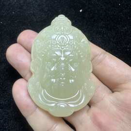 厂家批发阿富汗玉青白色双面黄财神吊坠男女款青白色守护神玉挂件