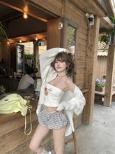 甜辣妹宽松长袖防晒衬衫抹胸背心格子短裤女2025夏季新款时尚套装