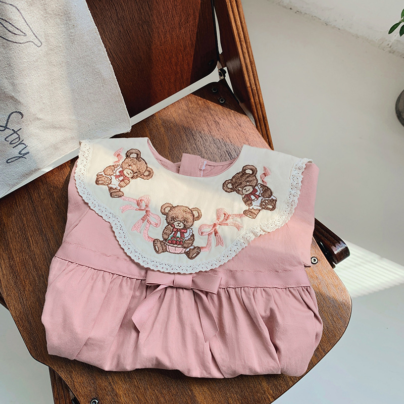 2024 otoño muñeca collar arco algodón falda de los niños Ropa de los niños de estilo coreano ropa resistente retro oso vestido de niña