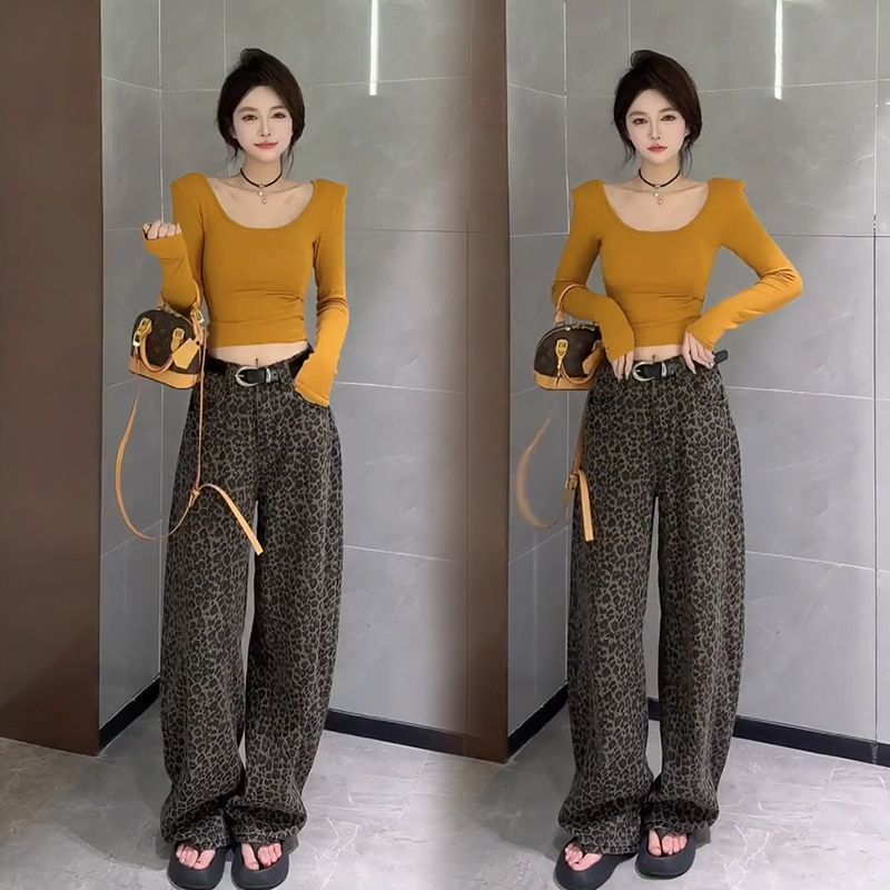 纯欲风辣妹套装女秋季时尚感修身百搭上衣豹纹直筒裤子两件套|undefined