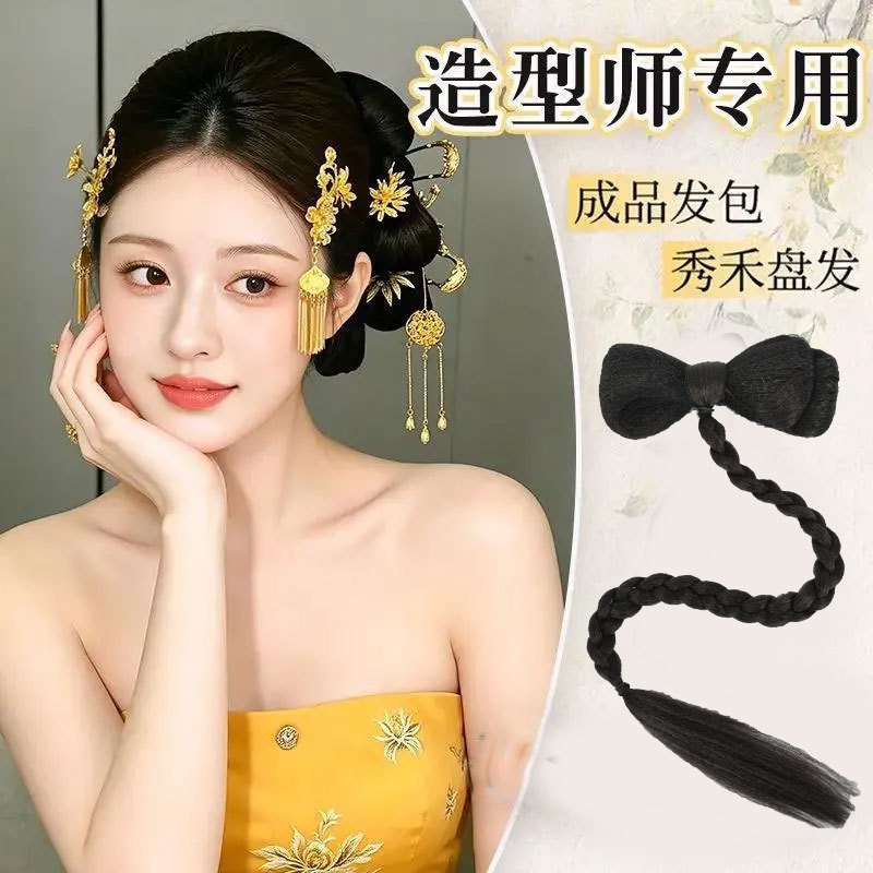 New Chinese-Style Bridal Pre-Made Xiuhe Braided Wig Hair Bun with Bow, Braided Hair Bun for Makeup Artist Styling