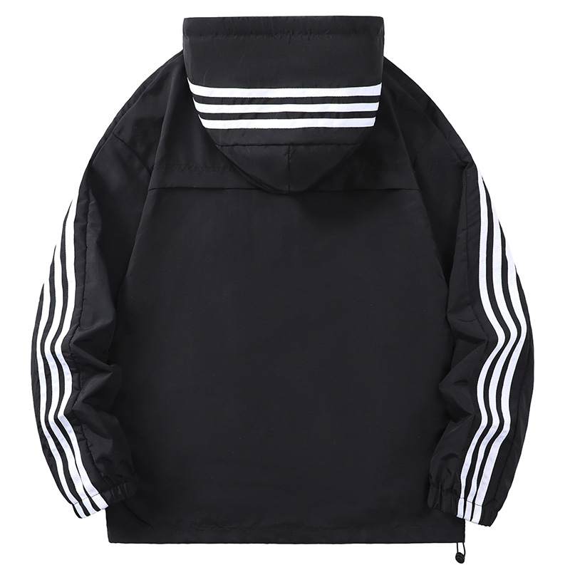 Chaqueta de tres rayas para hombre, estilo transfronterizo, para primavera y otoño, con capucha, de marca, personalizada, versátil, informal, de talla grande, a la moda.