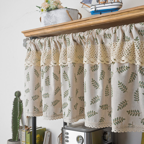 Le Xu Cotton Lined Olive Leaf Print Short Curtains, American Farmhouse Kitchen Cabinet Covering Curtain, No-Pin Coffee Curtain