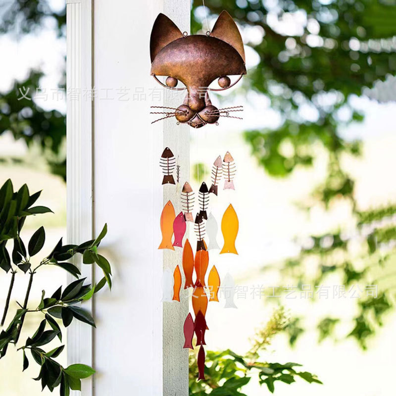 独立站 Metal Cat and Fish Wind Chime金属工艺猫鱼风铃挂件装饰