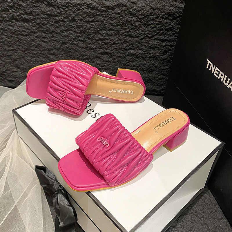 Dép sandal nữ mũi vuông gót nêm siêu mềm kiểu xếp ly, đế cao 3 cm — Màu hồng, Màu mơ, Màu xanh lam