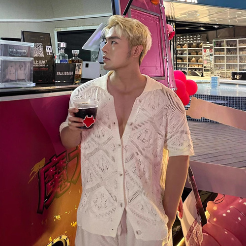 American Retro Lace Knit Short-Sleeve T-Shirt for Men - Summer Casual Loose Sun Protection Half-Sleeve Jacket Top Trendy