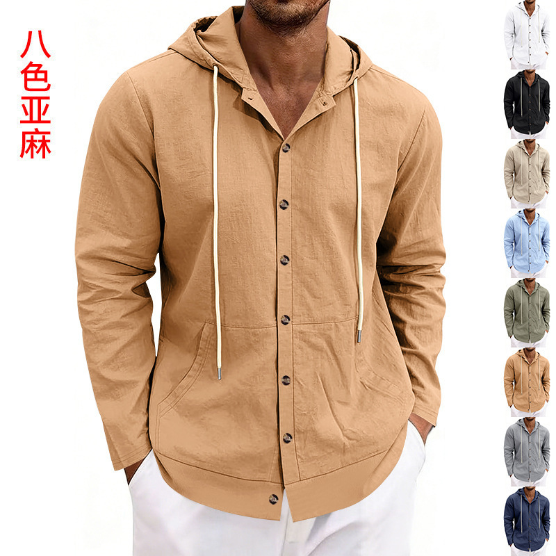 Cross-Border Amazon Spring and Autumn American-Style Loose Men's Linen Casual Simple Beach Hooded Long-Sleeved Cardigan Shirt for Men Cross-Border Amazon Spring and Autumn American-Style Loose Men's Linen Casual Simple Beach Hooded Long-Sleeved Cardigan Shirt for Men